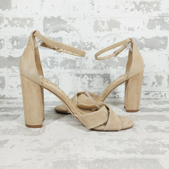 New Sam Edelman Yancy Beige Faux Suede Ankle Strap Heeled Sandals X255 - Picture 3 of 12